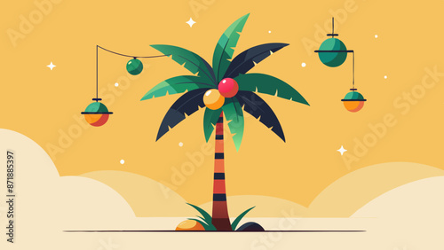 Festive Palm Tree with Hanging Lanterns on Golden Background