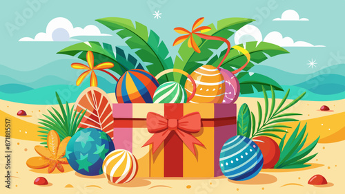 Colorful Easter Eggs in a Gift Box on Tropical Beach