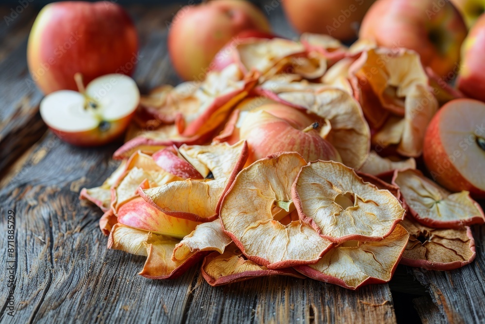 Dried apple slices and fresh ripe apples on wood background Vegan snack Dried apple slices and fresh ripe apples on wood background Vegan snack
