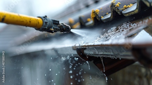 Water Spraying from a Hose Onto a Roof photo