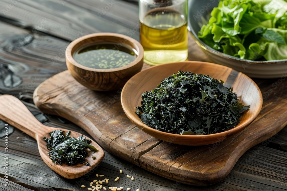 Dried laminaria in spoon kelp extract in bottle salad on kitchen board useful kale with iodine for food and beauty