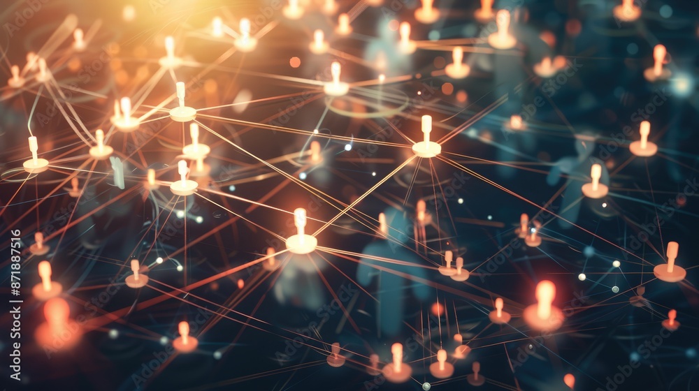 Fototapeta premium A vibrant display of network nodes and connections in multiple colors representing technology, networking, and cyber interactions