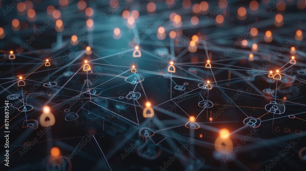 A vibrant display of network nodes and connections in multiple colors representing technology, networking, and cyber interactions A vibrant display of network nodes and connections in multiple colors representing technology, networking, and cyber interactions
