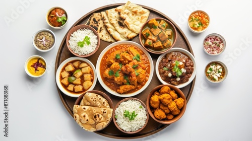Top view collection of Indian foods isolated on a white background, including momos, butter chicken curry and rice, samosas, and pani puri
