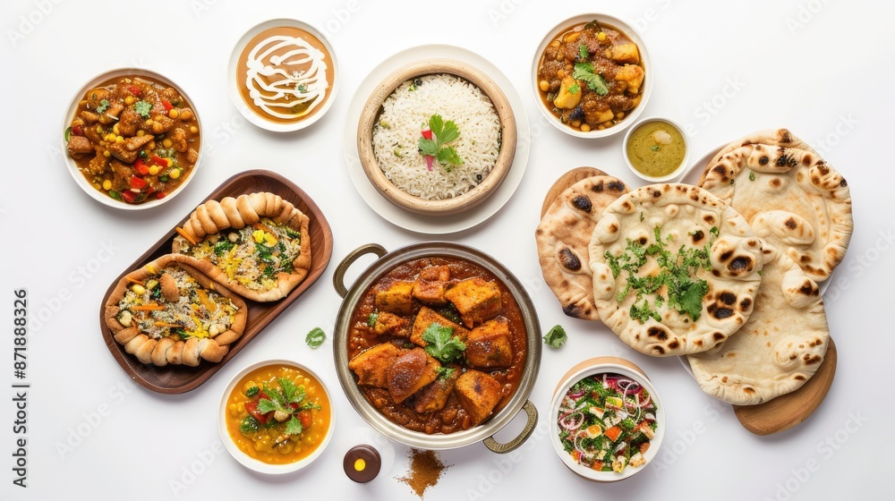 Top view collection of Indian foods isolated on a white background, including momos, butter chicken curry and rice, samosas, and pani puri Top view collection of Indian foods isolated on a white background, including momos, butter chicken curry and rice, samosas, and pani puri