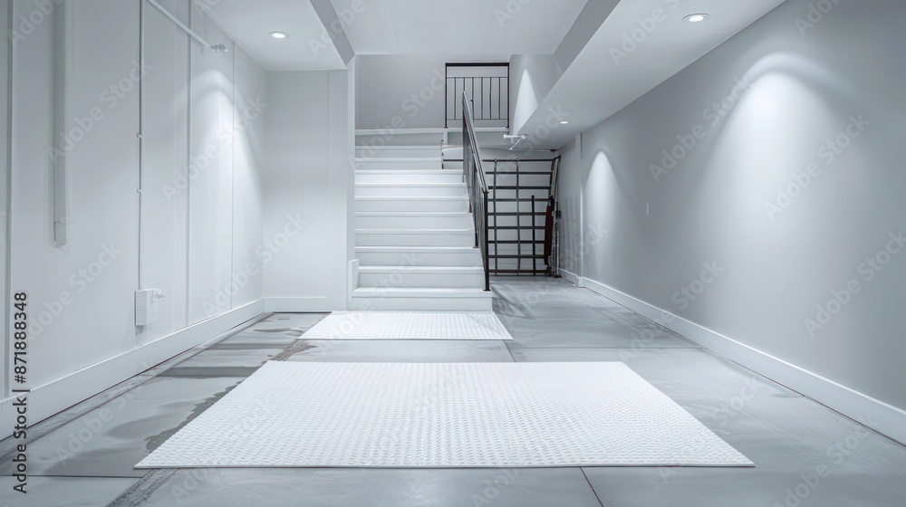 Pearly white rubber mats in a minimalist basement, enhancing the clean, modern aesthetic Pearly white rubber mats in a minimalist basement, enhancing the clean, modern aesthetic