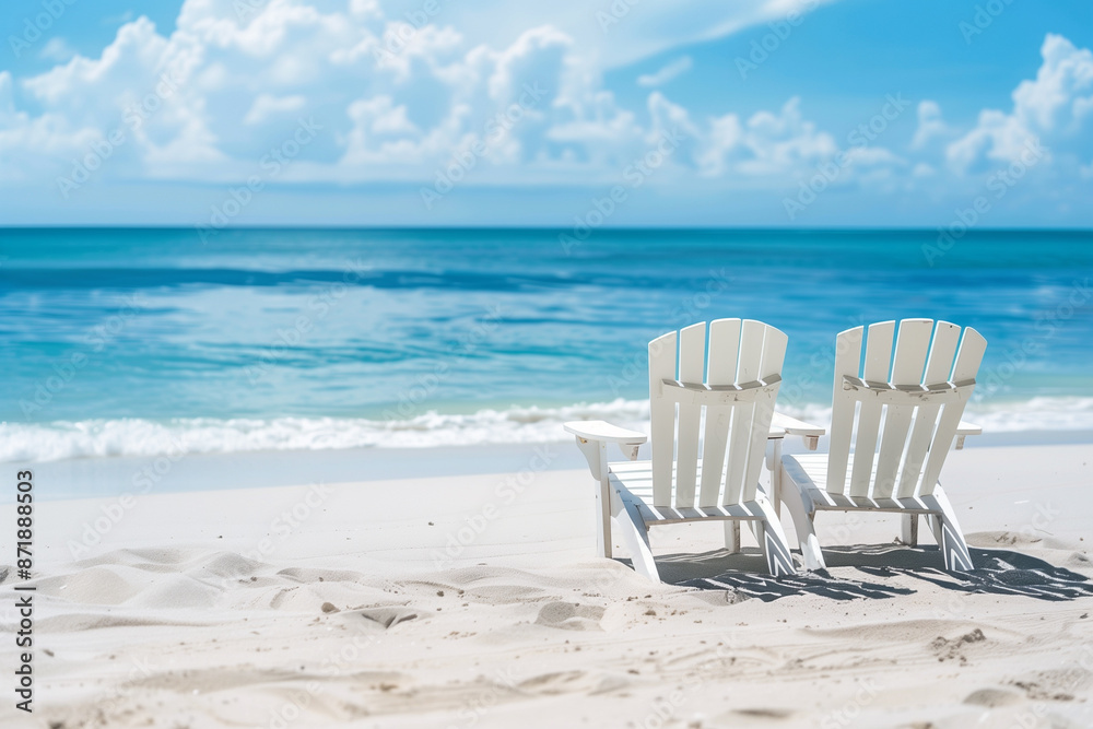 Beautiful white sand beach with two wooden chairs on the shore and blue sea in background. summer vacation concept Beautiful white sand beach with two wooden chairs on the shore and blue sea in background. summer vacation concept
