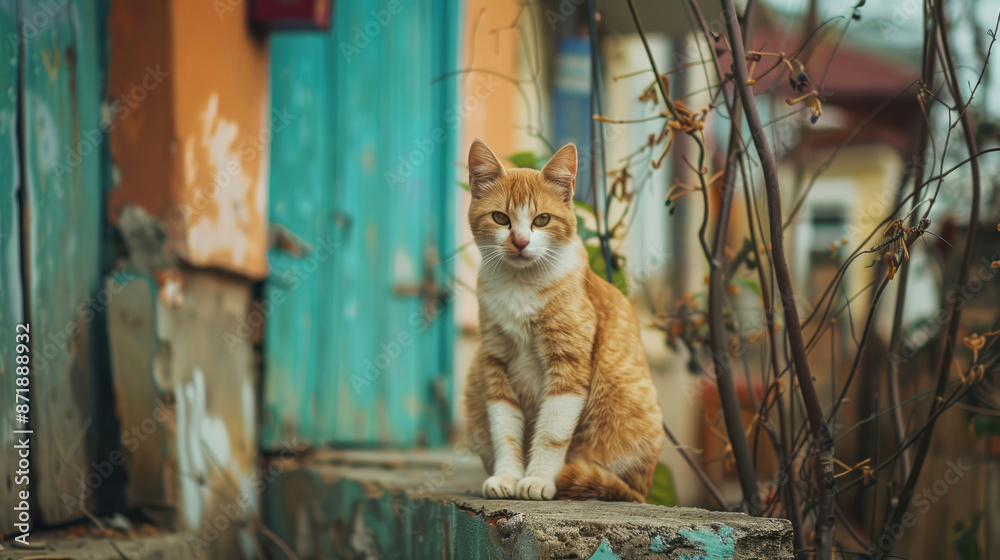 Naklejka premium A ginger cat peacefully relaxes in a serene countryside, surrounded by greenery