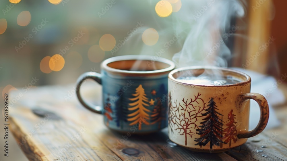 A steaming pot of freshly brewed coffee served in mismatched mugs with handpainted forest designs. A steaming pot of freshly brewed coffee served in mismatched mugs with handpainted forest designs.