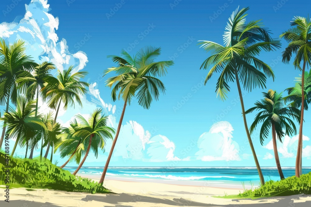 flat design depiction of a serene beach with palm trees and mountain views flat design depiction of a serene beach with palm trees and mountain views