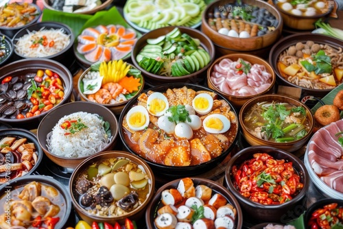 A lavish spread of various Korean dishes, beautifully arranged on a large table, showcasing a diverse and colorful feast.