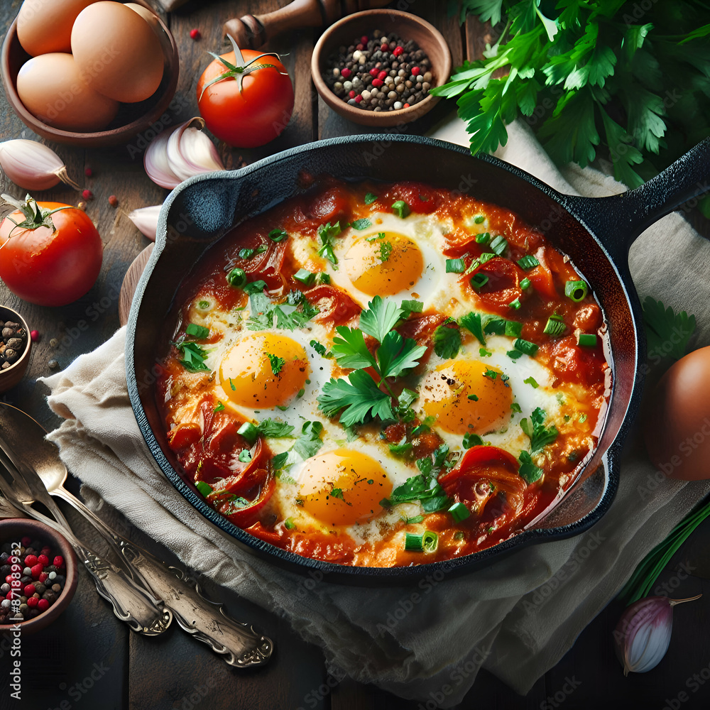 Rustic Shakshuka Hot Pan of Flavorful Eggs in Tomato Sauce with Fresh Chopped Parsley on Wooden Table – Middle Eastern Comfort Food, Perfect for Culinary Art and Food Enthusiasts Rustic Shakshuka Hot Pan of Flavorful Eggs in Tomato Sauce with Fresh Chopped Parsley on Wooden Table – Middle Eastern Comfort Food, Perfect for Culinary Art and Food Enthusiasts
