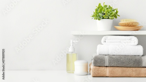 Rolled towels, a bar of soap, and a bottle of liquid soap sit on a wooden shelf in a bathroom
