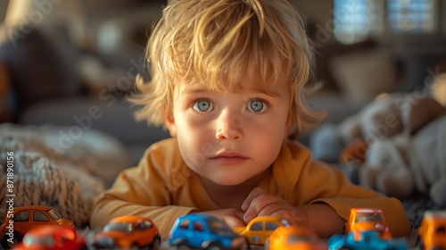 Young Boy With Blonde Hair Plays With Toy Cars On The Floor