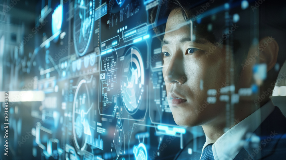 A Korean businessman interacting with an innovative digital dashboard showing intricate data A Korean businessman interacting with an innovative digital dashboard showing intricate data