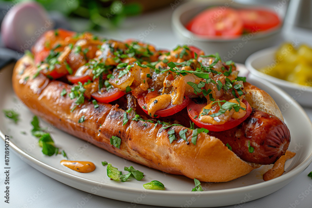 delicious hot dog with vegetables, snack, fast food