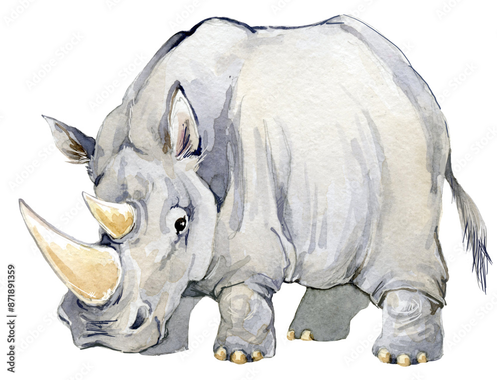 Fototapeta premium Watercolor Rhinoceros illustration on white. African animal.