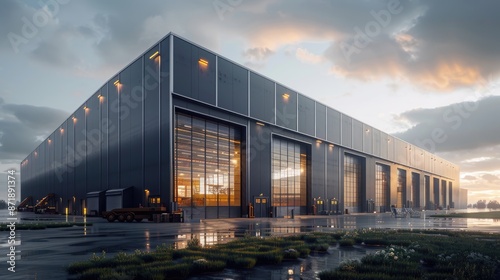 Modern sleek warehouse office building facility exterior architecture, steel, night, cloudy, overcast
