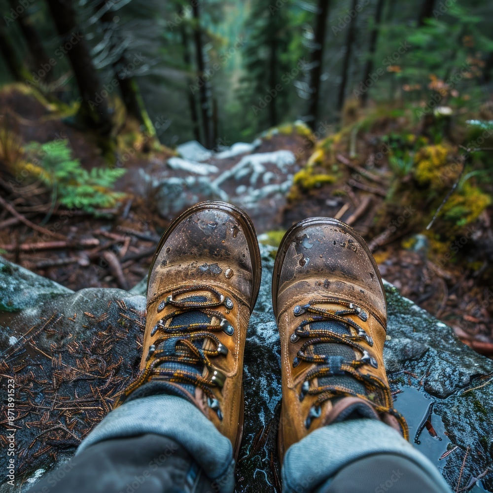 A person is standing on a rock with their feet in the water