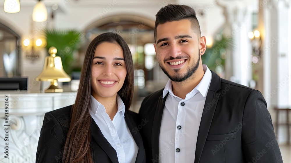 Two hotel receptionists, a man with curly hair and a woman with long blonde hair, smile at the camera from their desk, dressed in black blazers and white shirts Two hotel receptionists, a man with curly hair and a woman with long blonde hair, smile at the camera from their desk, dressed in black blazers and white shirts