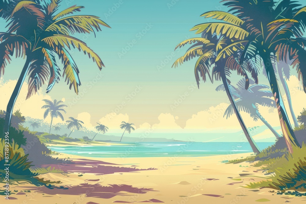Fototapeta premium tranquil beach scene illustration with palm trees and mountains in flat style