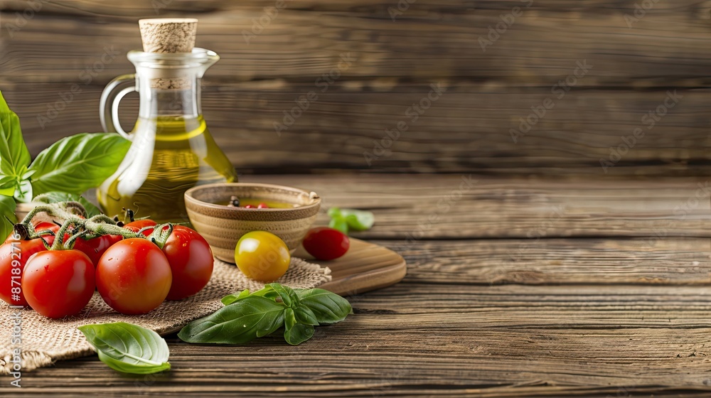 A glass bottle of olive oil, fresh tomatoes, and basil leaves are arranged on a rustic wooden table A glass bottle of olive oil, fresh tomatoes, and basil leaves are arranged on a rustic wooden table