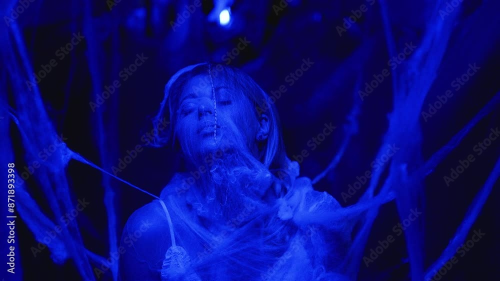 Portrait of a woman covered in cobwebs illuminated by eerie blue light. Creepy and mysterious atmosphere suitable for Halloween concept, Portrait of a woman covered in cobwebs illuminated by eerie blue light. Creepy and mysterious atmosphere suitable for Halloween concept,