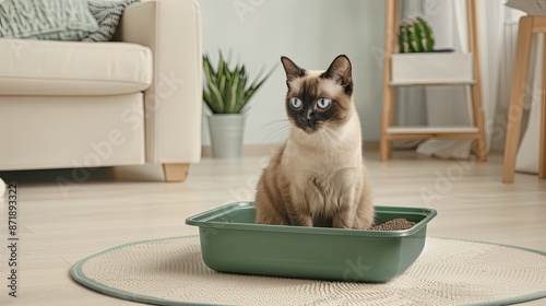 A Siamese cat sits inside a black litter box in a bright bathroom, looking directly at the camera © ZinaZaval