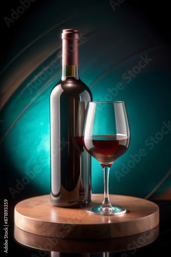 Elegant red wine bottle with glass and wooden stand, turquoise swirl background