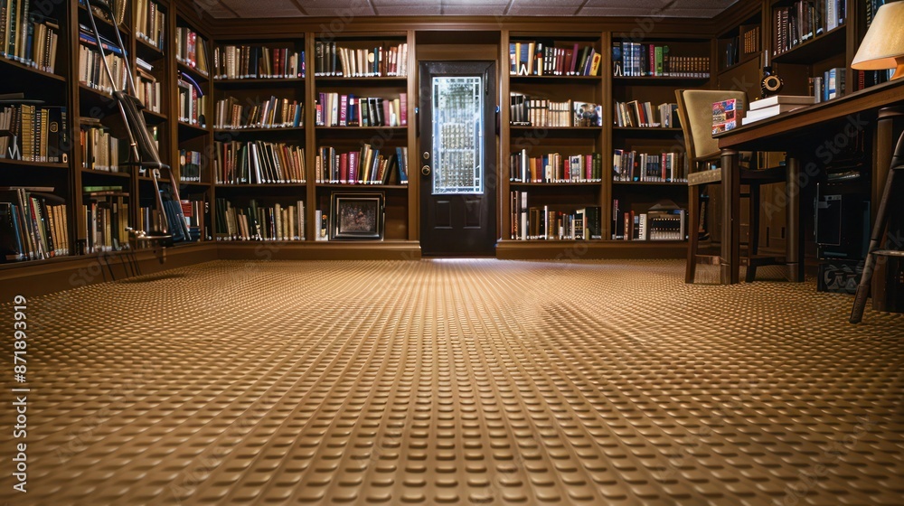 Textured tan rubber mats in a basement, creating a warm and inviting space for a home library Textured tan rubber mats in a basement, creating a warm and inviting space for a home library