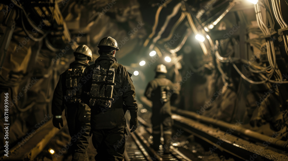 In the underground tunnel, silhouettes of miners can be seen walking In the underground tunnel, silhouettes of miners can be seen walking