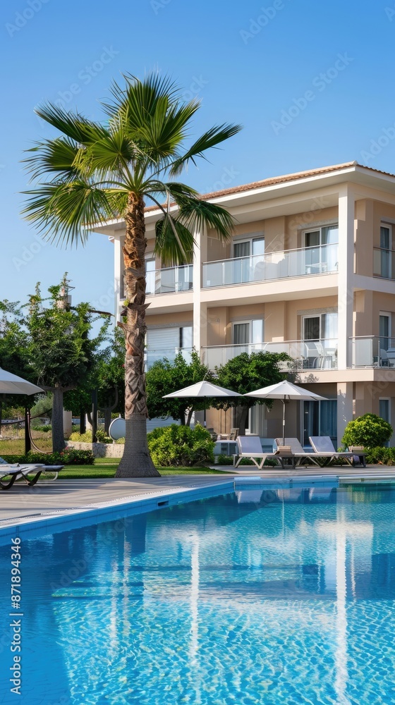 A large, clear swimming pool with lounge chairs and palm trees in front of a modern resort building A large, clear swimming pool with lounge chairs and palm trees in front of a modern resort building