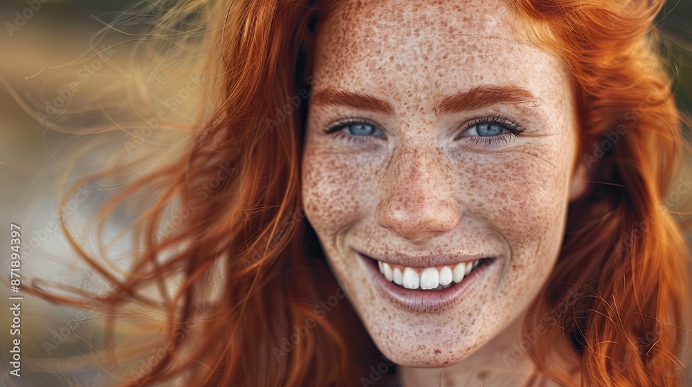 Freckled redheaded young woman smiling at the lens Freckled redheaded young woman smiling at the lens