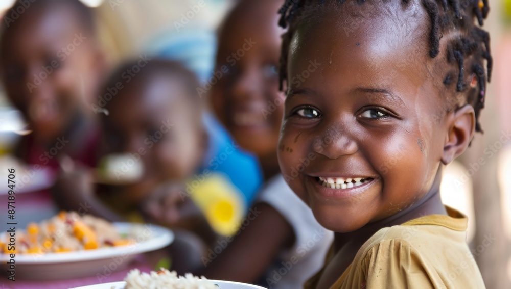 Close up of happy African children eating fruit and vegetables in school, school meals, provide meals to the hungry kids in Africa Close up of happy African children eating fruit and vegetables in school, school meals, provide meals to the hungry kids in Africa