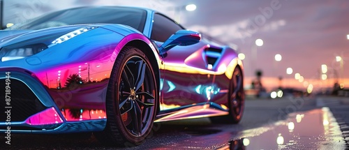 skilled car wrapping specialist applying chameleon vinyl wrap to sports car automotive customization