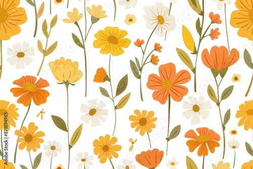 delicate light background with seamless watercolor pattern of orange and yellow flowers