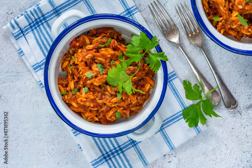 Orzo pasta bolognese with meatless quorn mince photo