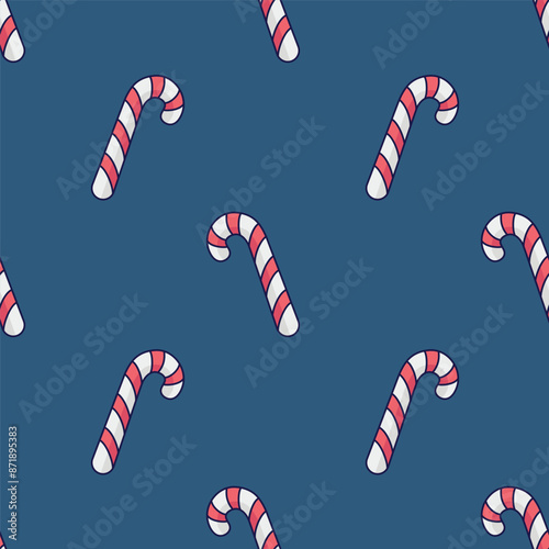 Candy cane seamless pattern. Caramel stick, lollipop illustration in doodle style. Hand drawn candy cane on blue background. Christmas texture, textile design