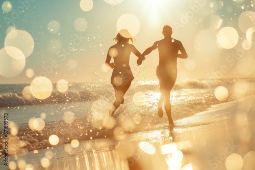 A man and a woman sprinting along the sandy shoreline of a beach.
