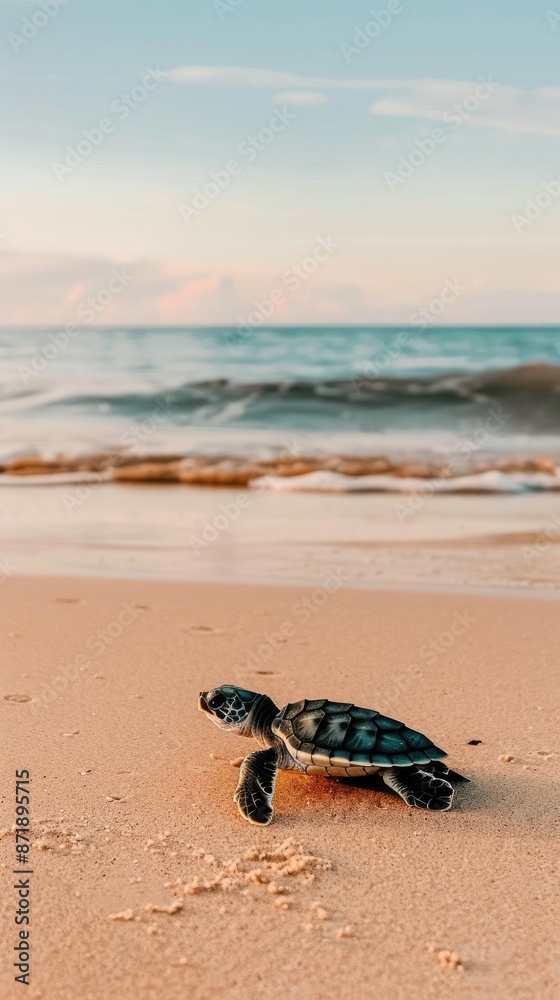 Obraz premium A baby sea turtle walks on the sandy beach towards the ocean at sunrise