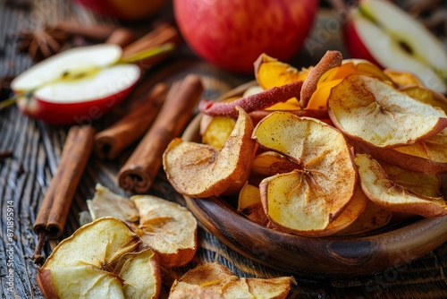 Fresh fruit chips on wood table photo