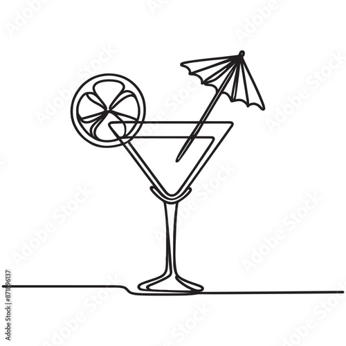Cocktail drawn in line art style,continuous one line drawing,vector