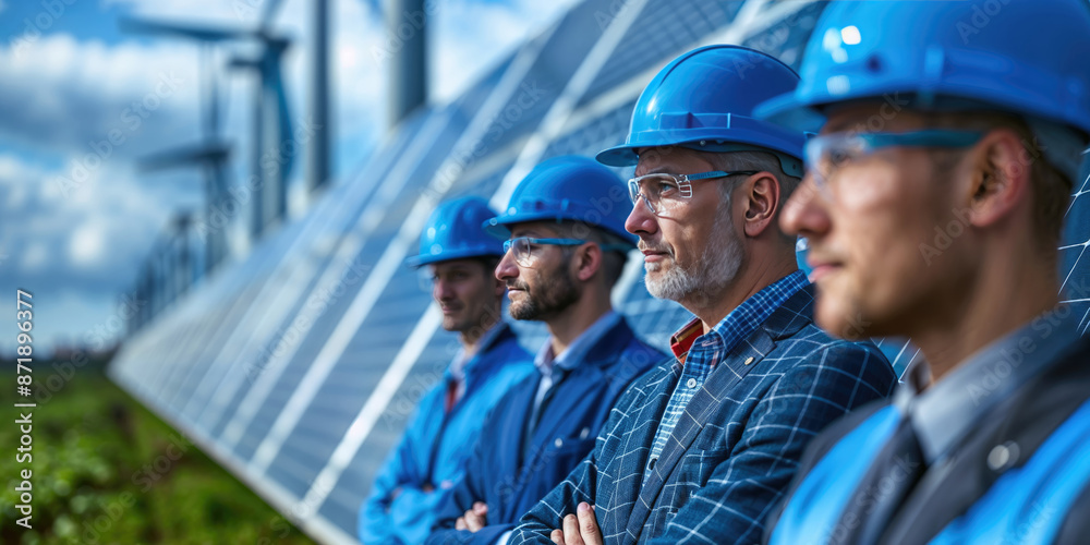 Engineers wearing blue helmets inspect solar panels and wind turbines. Engineers wearing blue helmets inspect solar panels and wind turbines.
