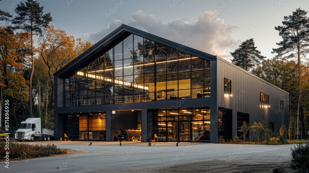 A black modern warehouse with glass facade at blue hour, wide angle, exterior view, photo realistic, cinematic light, sony alpha camera A black modern warehouse with glass facade at blue hour, wide angle, exterior view, photo realistic, cinematic light, sony alpha camera
