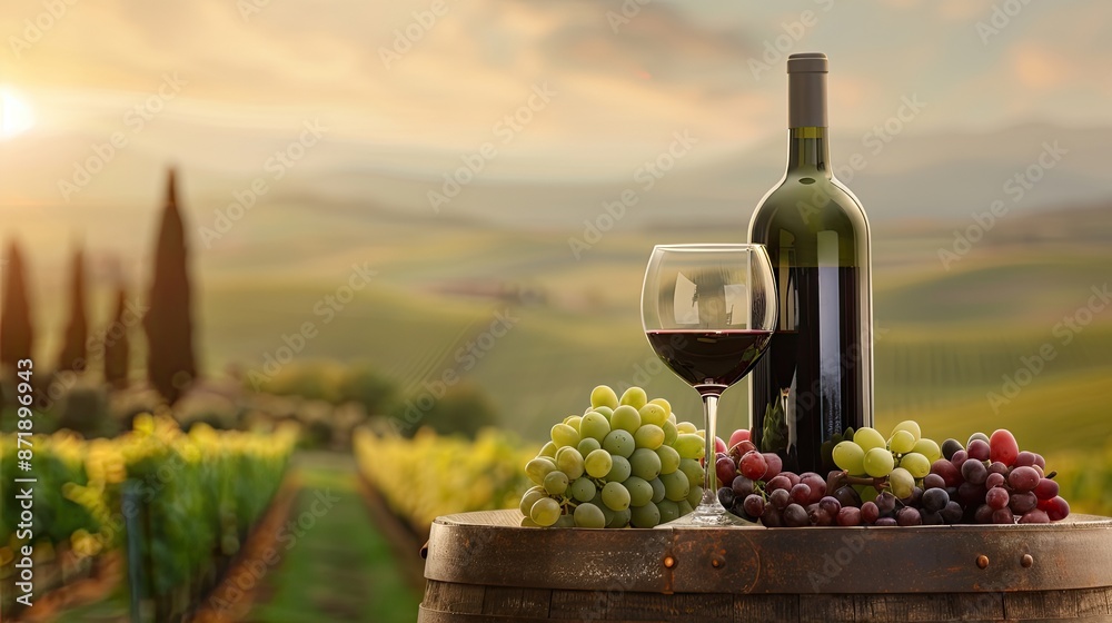 Fototapeta premium A glass of red wine, a bottle of wine, and grapes sit atop a wooden barrel in a vineyard at sunset. The rolling hills in the distance are bathed in the warm glow of the setting sun