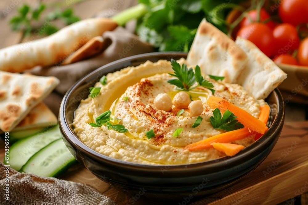 Fresh veggies homemade hummus and pita bread Fresh veggies homemade hummus and pita bread