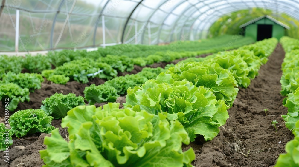A large greenhouse filled with rows of green plants in white buckets, growing under a clear plastic roof A large greenhouse filled with rows of green plants in white buckets, growing under a clear plastic roof