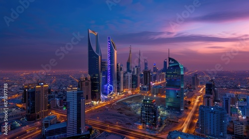 Urban landscape from the heights of skyscrapers at dusk