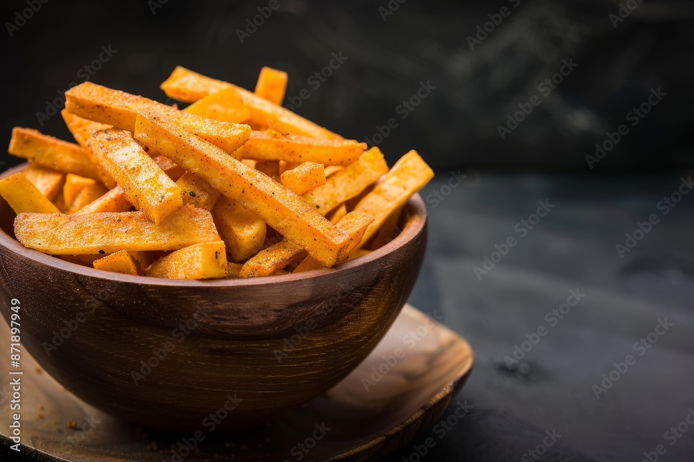 Fried Kerala cassava chips with masala on black background top and side view with text space Fried Kerala cassava chips with masala on black background top and side view with text space