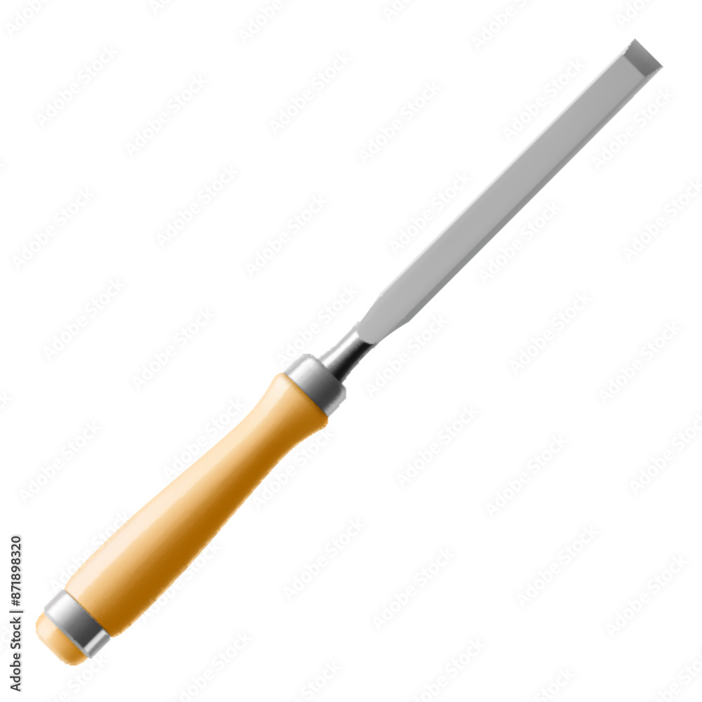 Chisel, carpentry hand tools for woodworking and wood carving. Stand for working with wood. Chisel with wooden handle isolated on transparent background. Realistic 3d Vector illustration. Chisel, carpentry hand tools for woodworking and wood carving. Stand for working with wood. Chisel with wooden handle isolated on transparent background. Realistic 3d Vector illustration.